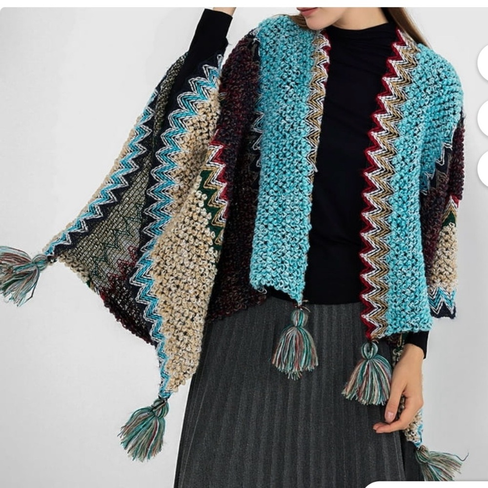 Demdaco Striped Knitted Shawl Wrap Fringed Hem‎ Poncho Sweater Tassel One-size